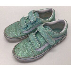 Vans Girls Old Skool V Sneakers Glitter Green Hook And Loop Kids Size 13.5